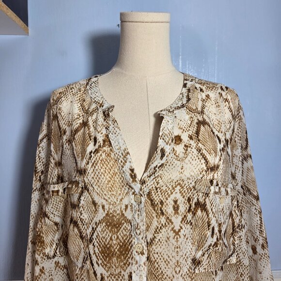 Apt. 9 2X Brown White Snake Skin Semi Sheer Button Up Roll Tab Casual Blouse - Picture 2 of 12